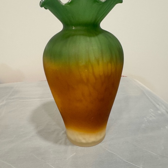 Vintage Satin Art Glass Vase Green Amber Ruffled Boho Decor